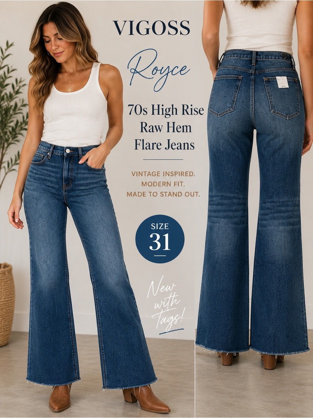 Vigoss Royce 70s High Rise Flare Bootcut Jeans NWT Raw Hem Size 31 Medium Wash